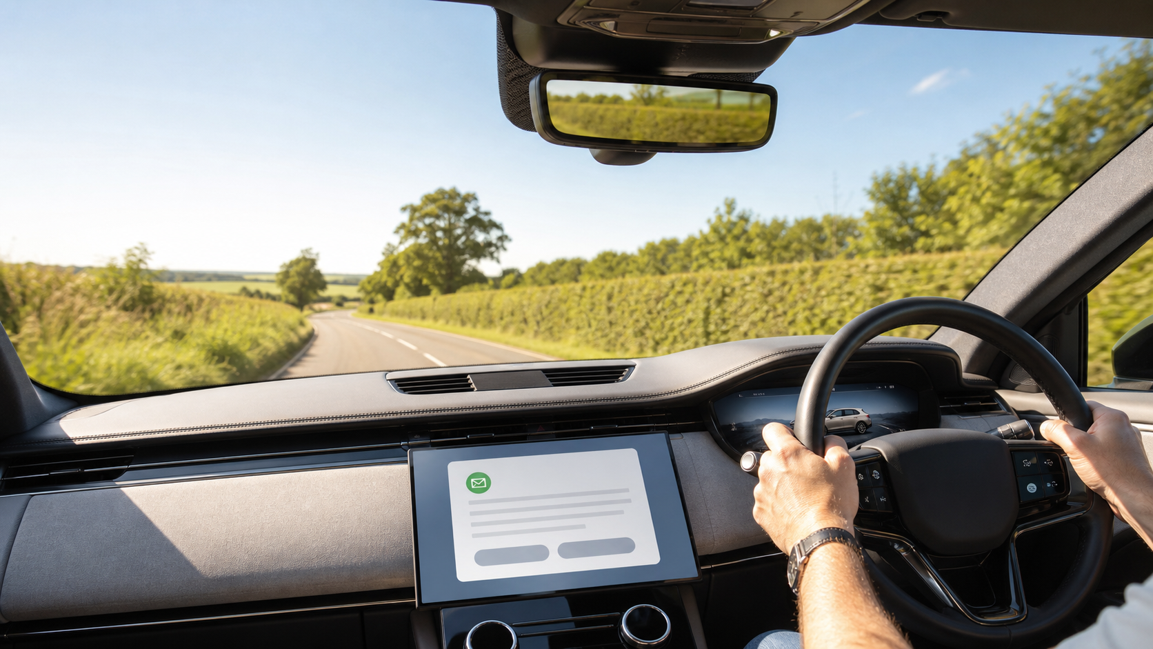 View from a right-hand-drive electric car on a sunny English country road, with a generic customer-care message on the centre display.
