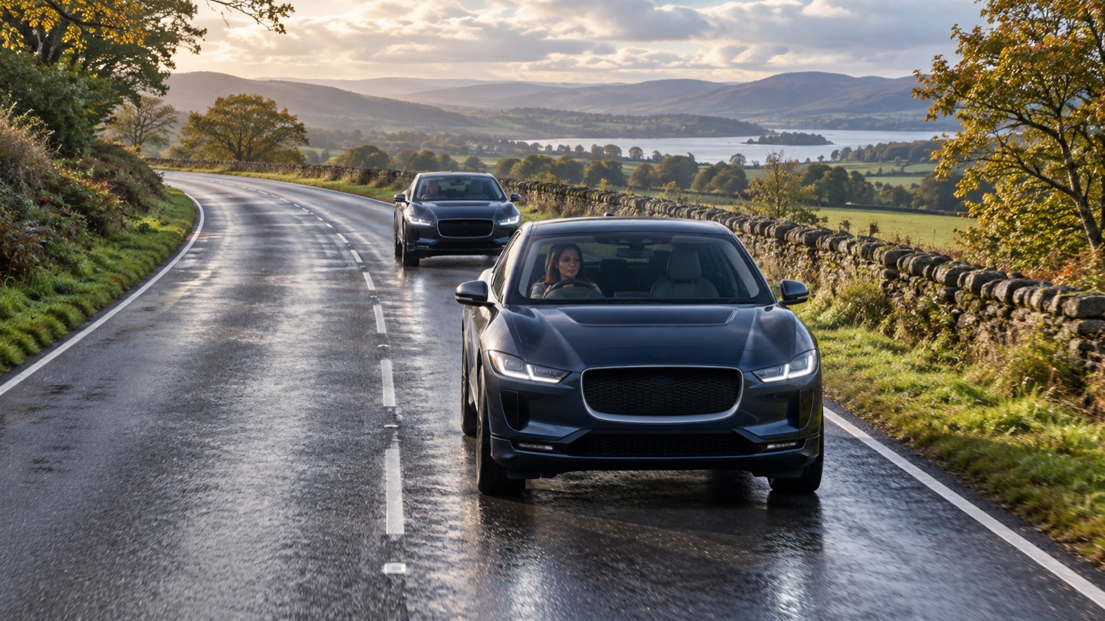 Two I-PACE-style electric cars, led by a woman driver, travelling towards the camera on the left side of a British country road.