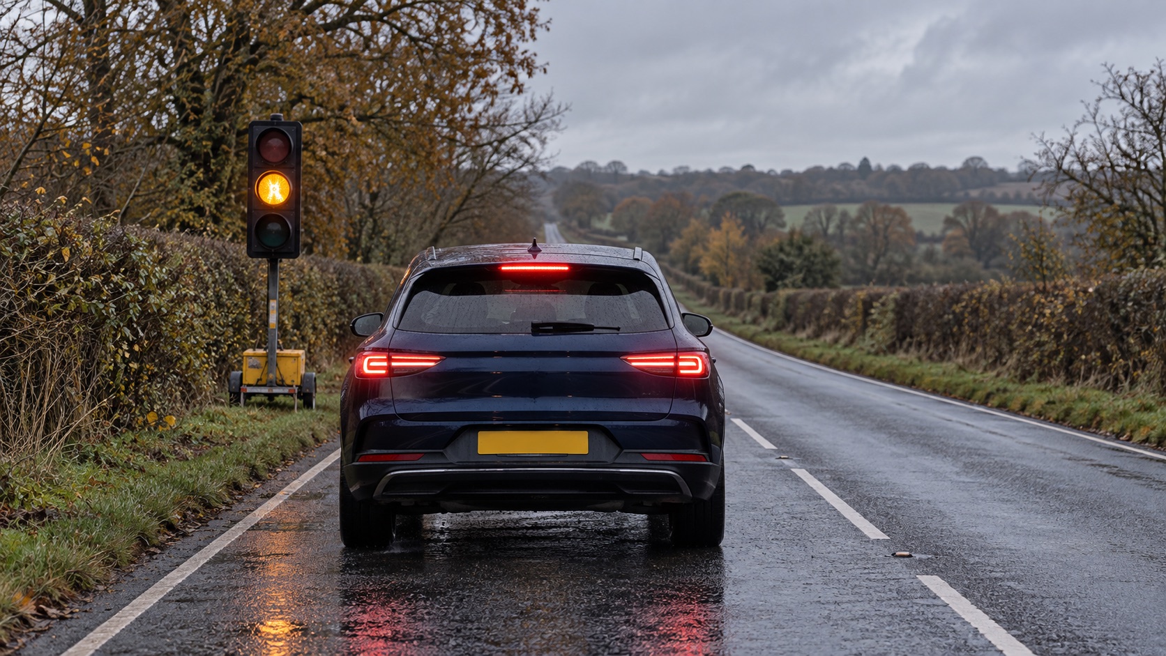 A car waits in the left lane beside an amber temporary signal on a wet British country road.