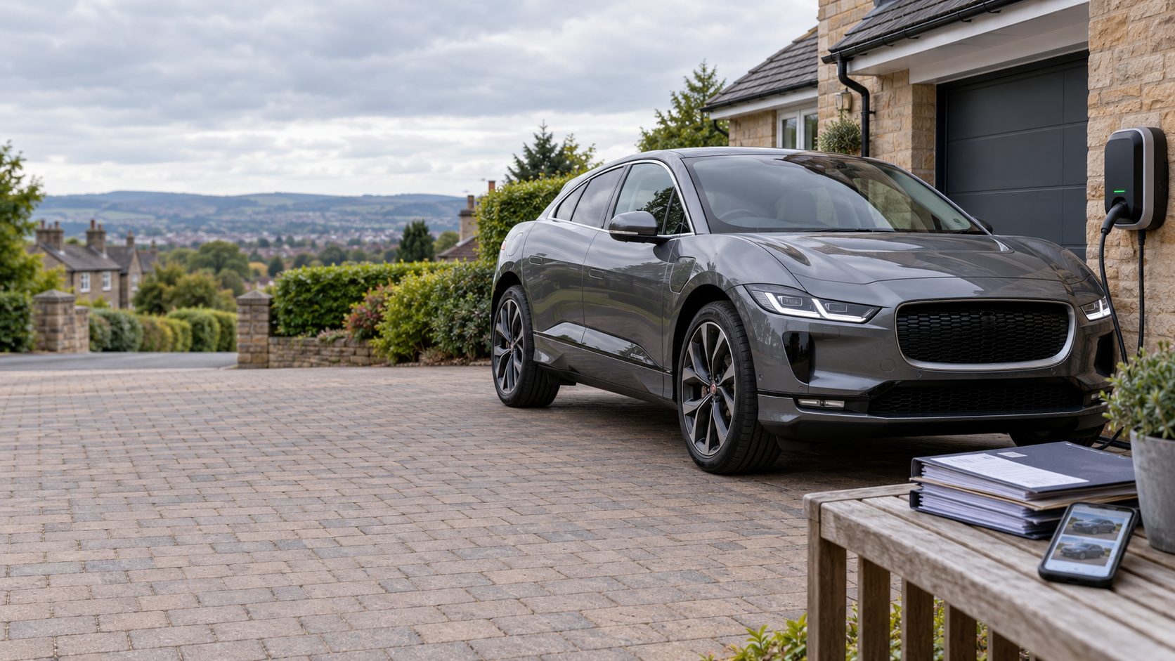A parked electric SUV beside a home charger on a British driveway, with owner records ready to share.