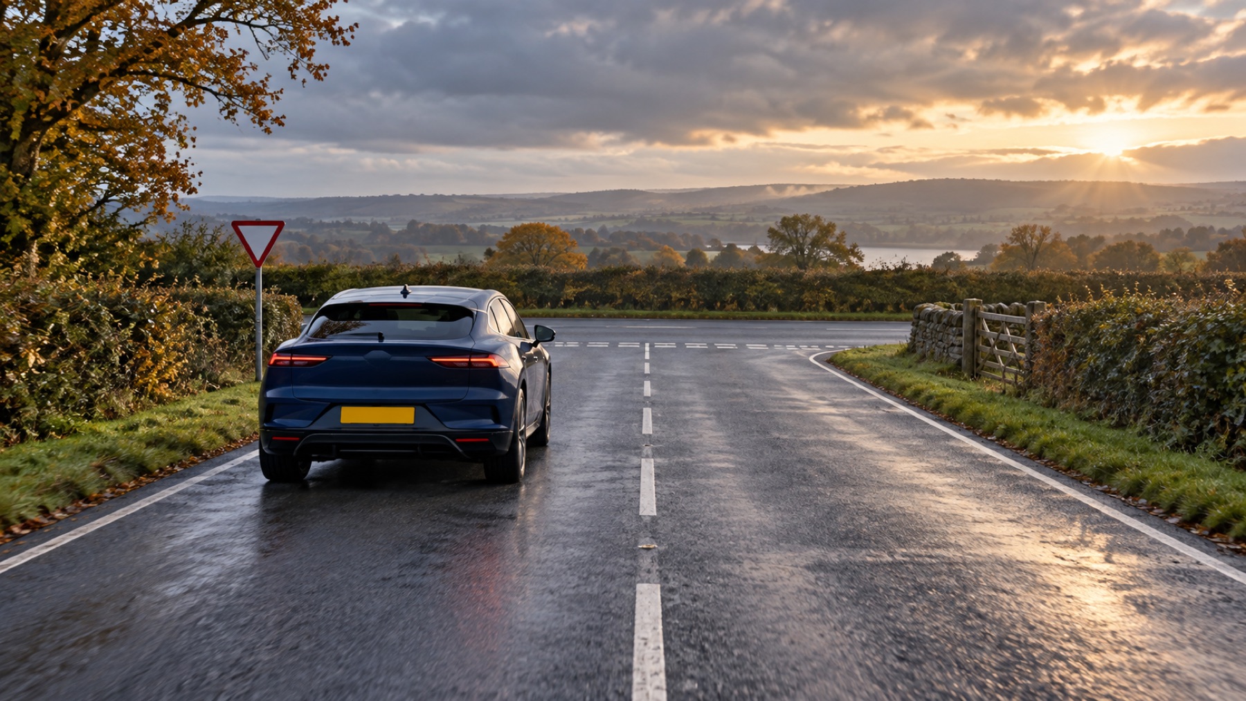 An I-PACE-style electric car in the left-hand lane approaching a T-junction on a wet British country road.