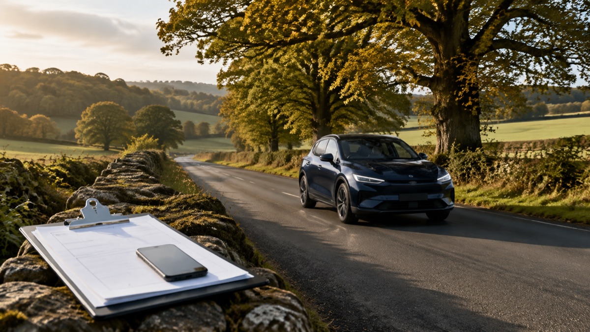 A dark-blue electric SUV travelling on the left of an oak-lined country road, with a clipboard and phone in the foreground.